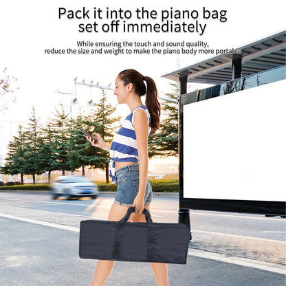 Black portable piano bag with sturdy handles and reinforced stitching for safe transport of foldable electronic piano with rechargeable bt connectivity