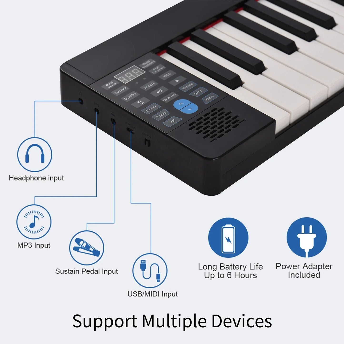 Black 61-key foldable electronic piano with lcd display rechargeable bt connectivity and multiple input ports for connectivity