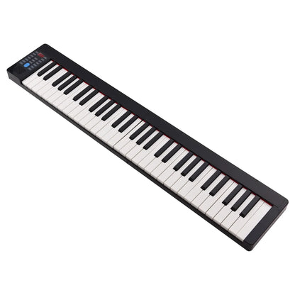 Black 61-key foldable electronic piano with white and black keys featuring multifunctional electronic organ controls and rechargeable bt connectivity