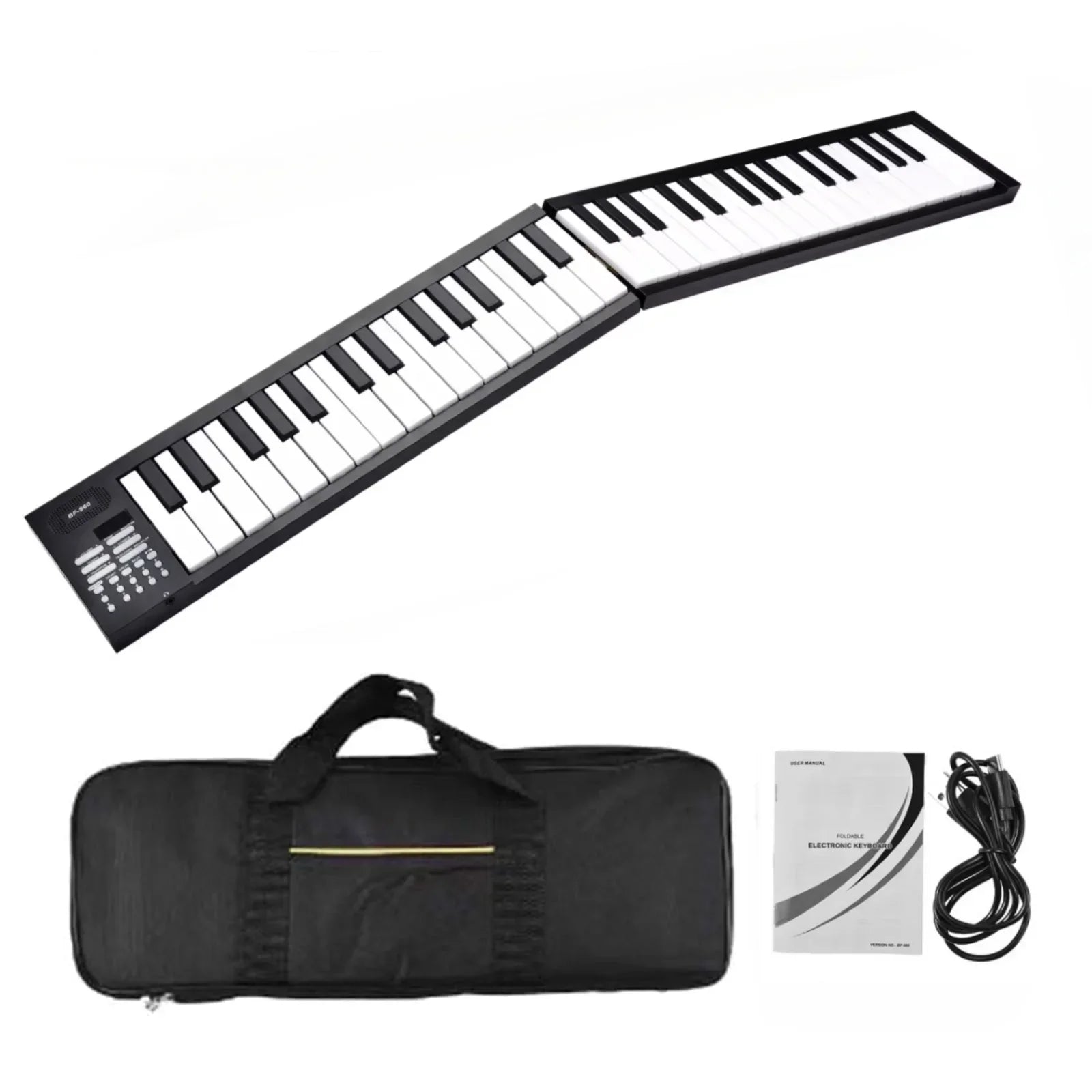 Black foldable electronic piano with 61 keys and control panel, portable battery electronic keyboard musical instrument
