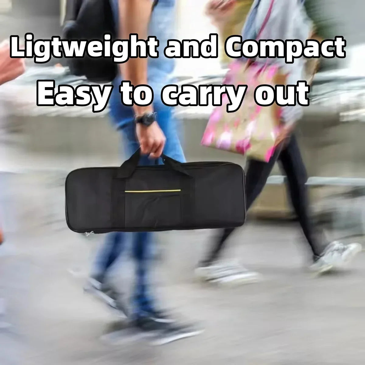 Black lightweight foldable electronic piano keyboard case with yellow zipper pull and sturdy handles for portable use