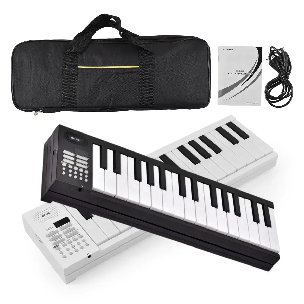 Black and white 61 key foldable electronic piano with control buttons and carrying case battery electronic keyboard musical instrument