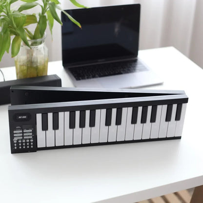 Black and white 49-key battery electronic keyboard with control buttons on left side for portable electronic keyboard musical use