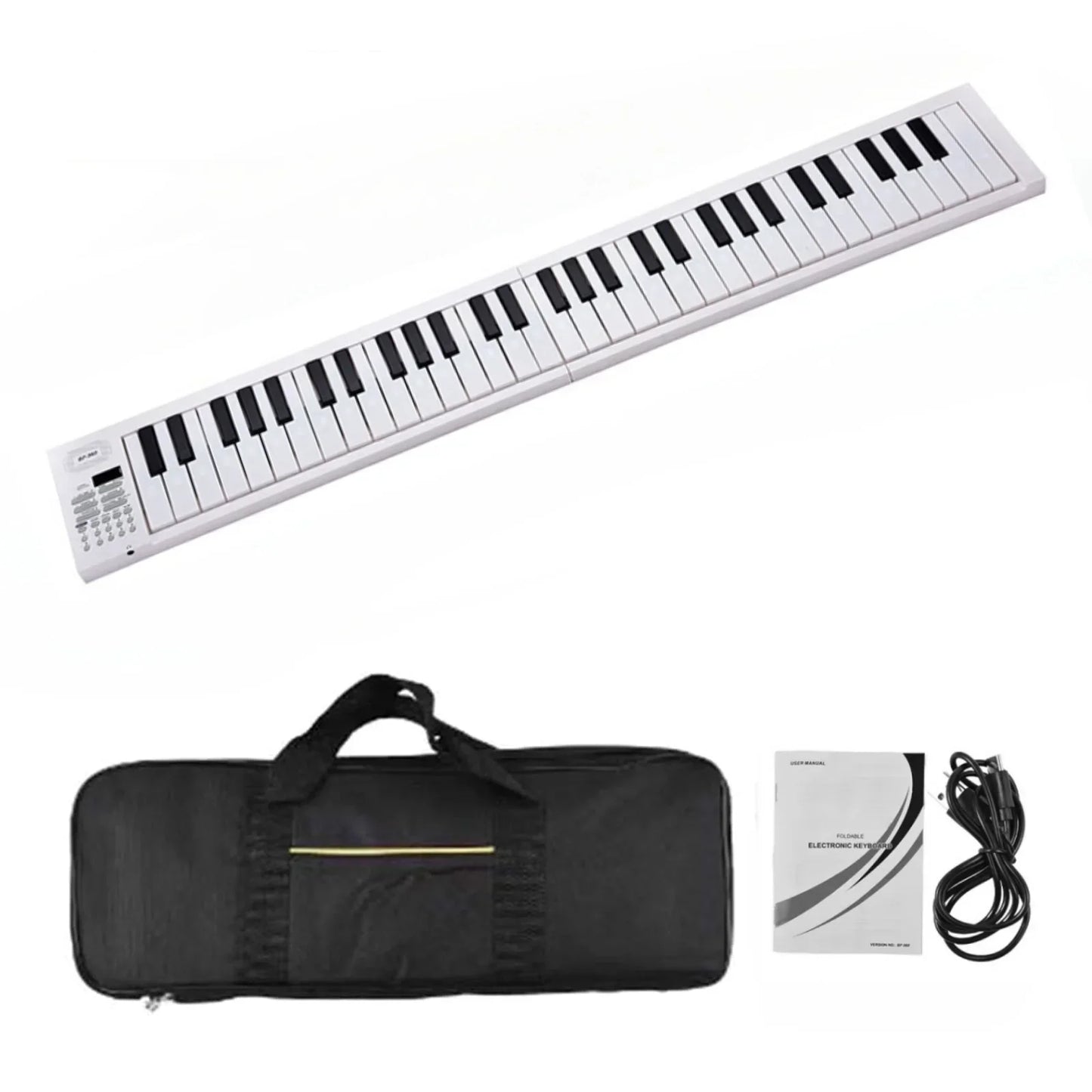 White foldable electronic piano with 61 keys and control panel featuring LED display and built-in battery electronic keyboard musical instrument