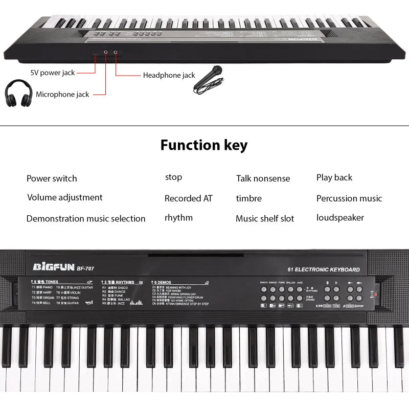 Black bigfun bf-707 61-key mini electronic piano with rhythms microphone recording and dual power portable design