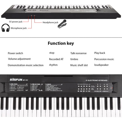 Black bigfun bf-707 61-key mini electronic piano with rhythms microphone recording and dual power portable design