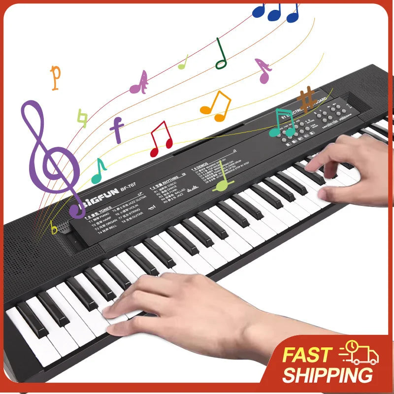 Black bigfun bf-707 61 key mini electronic piano with white and black keys dual power portable rhythms microphone recording