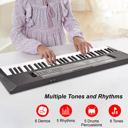 Black 61 key mini electronic piano with white and black keys control buttons speaker grille for rhythms microphone recording dual power portable use