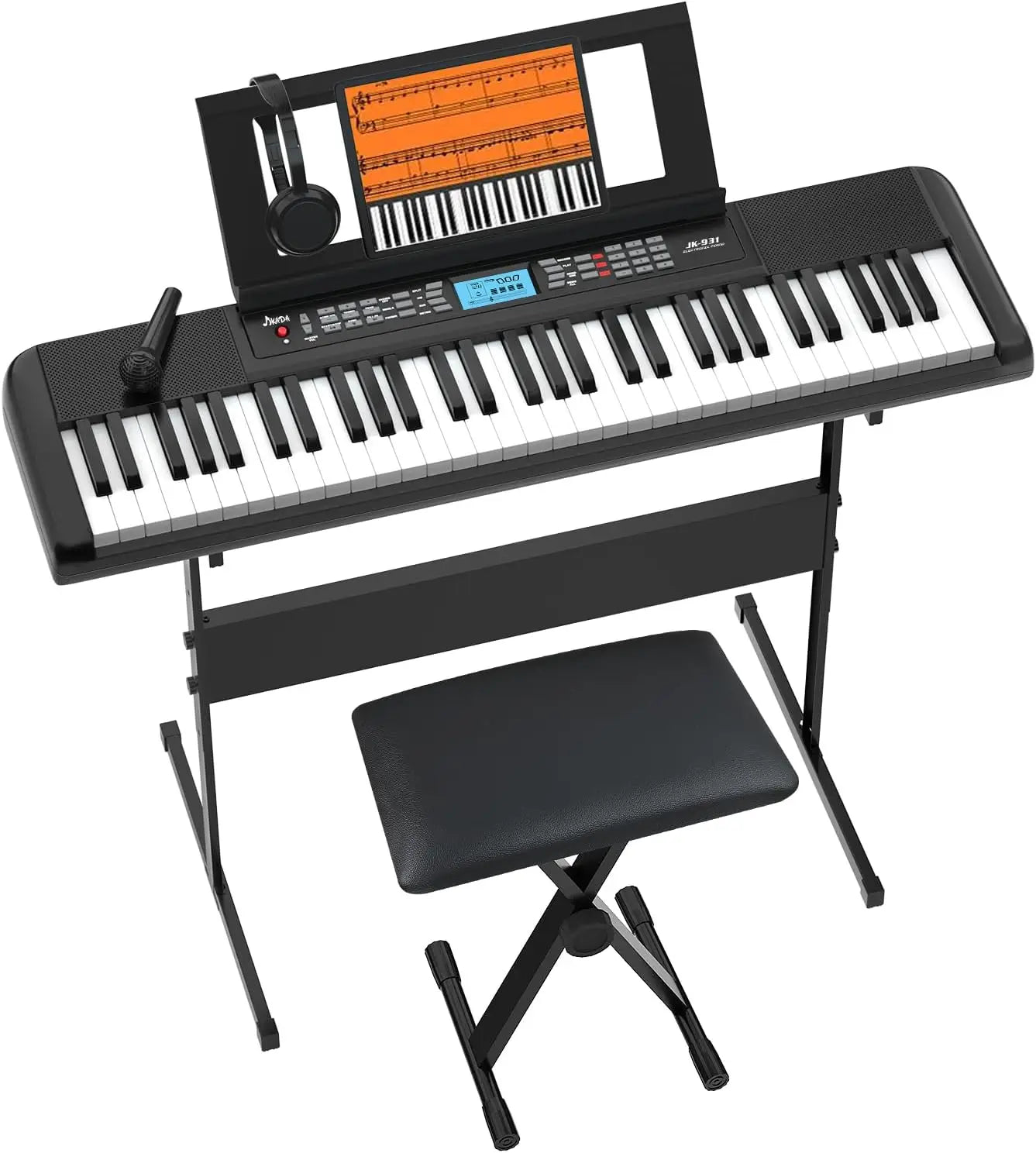 Black 61-key portable electric piano keyboard with lcd screen, headphone jack stand, built-in speakers, and accessories