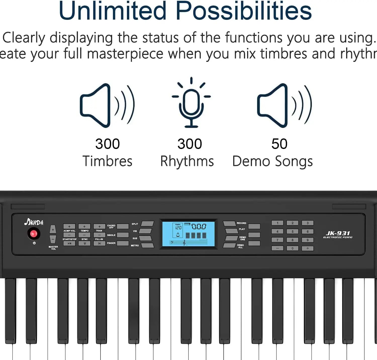 Black jk931 portable electric piano keyboard with 61 keys lcd screen headphone jack and control buttons on stand