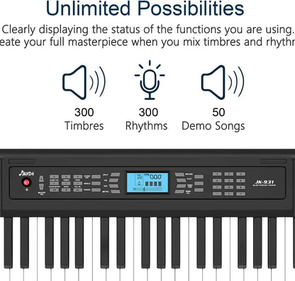 Black jk931 portable electric piano keyboard with 61 keys lcd screen headphone jack and control buttons on stand