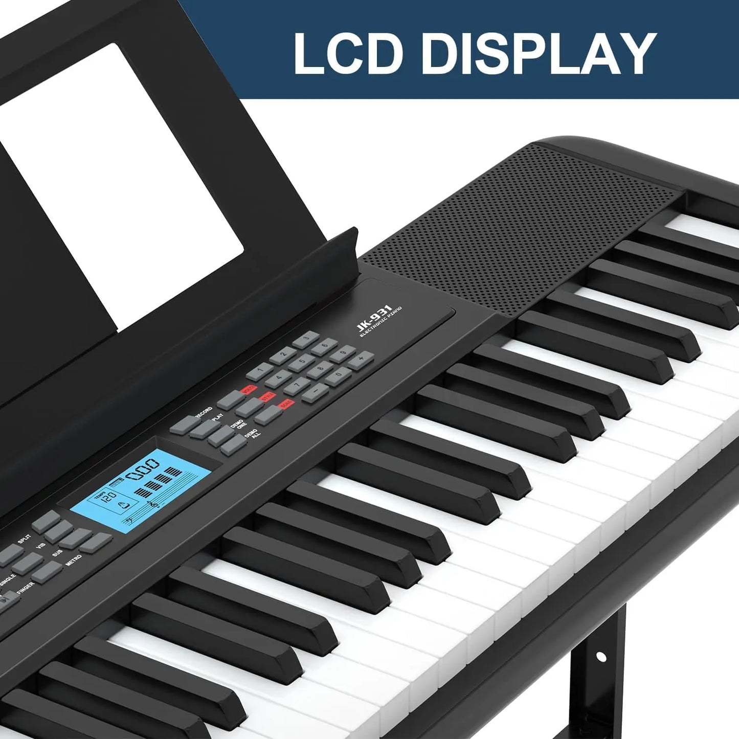 Black and white 61-key portable electric piano keyboard with lcd screen, built-in stand, speakers, and headphone jack stand