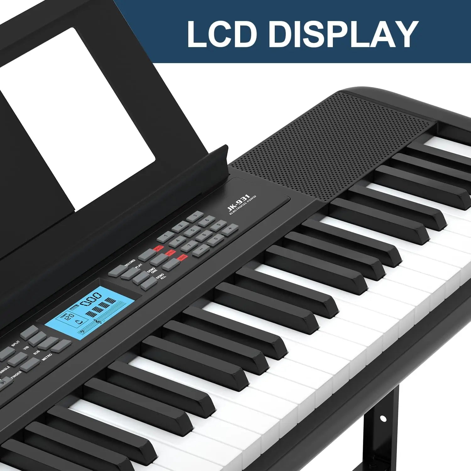 Black and white 61-key portable electric piano keyboard with lcd screen, built-in stand, speakers, and headphone jack stand