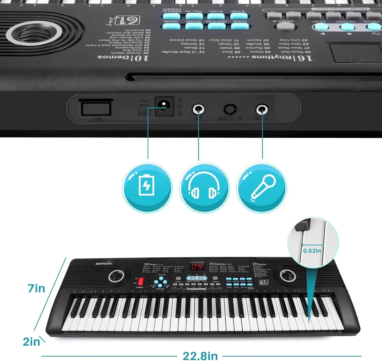 Black 37-key portable electronic piano with blue display and microphone ideal gift for kids and beginners