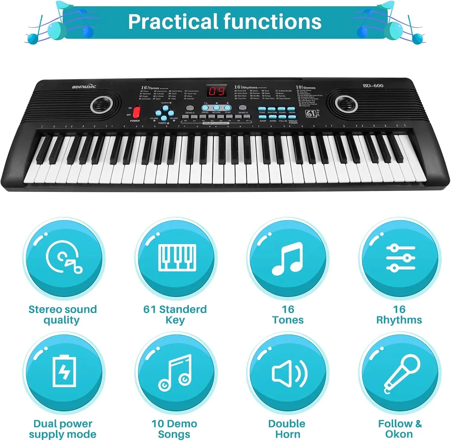 Black 61-key portable electronic piano with digital display control buttons built-in speaker and microphone ideal gift for kids