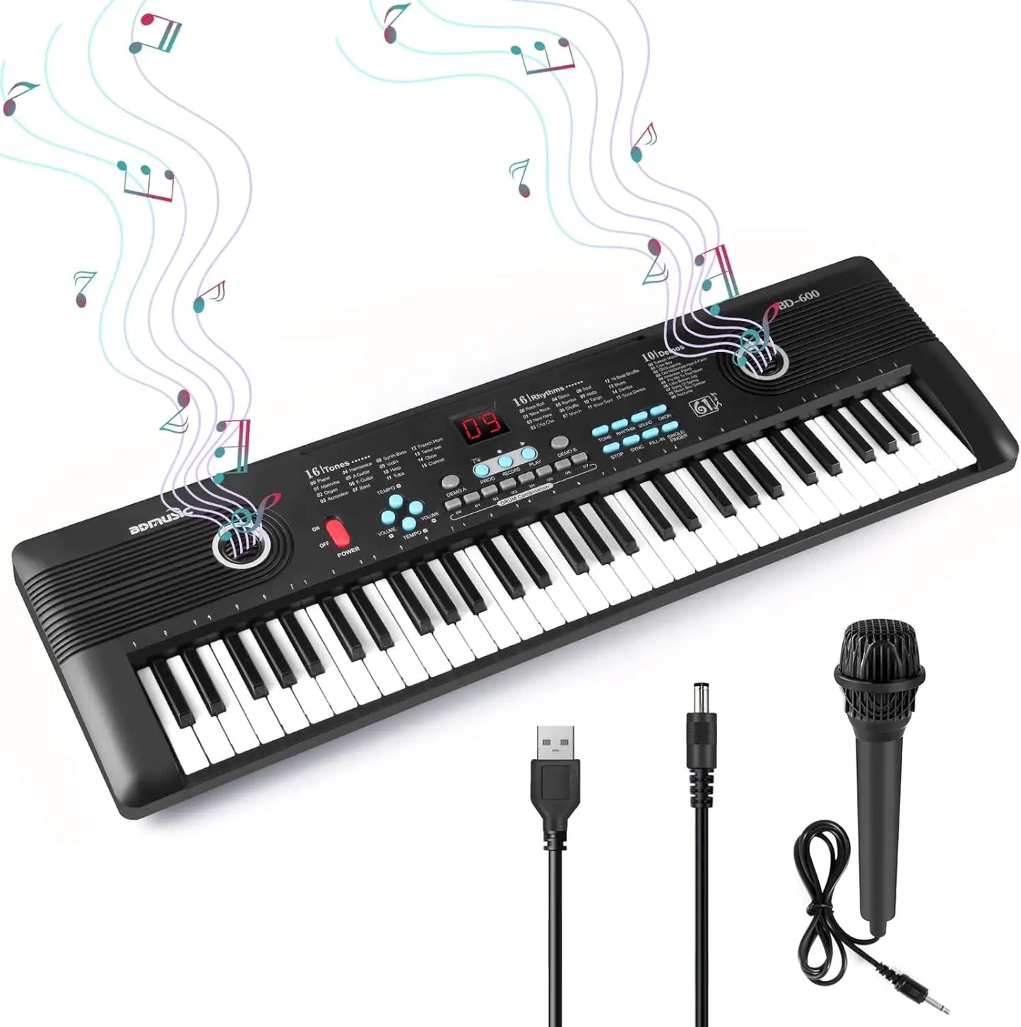 Black 61-key portable electronic piano with built-in speaker microphone and control buttons ideal gift for kids and beginners