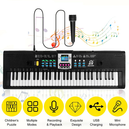 Black multifunctional electric piano with 61 keys digital display and attached mini microphone musical instrument for kids