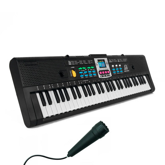 Black 37-key multifunctional electric piano with colorful buttons and green wired microphone musical instrument for kids