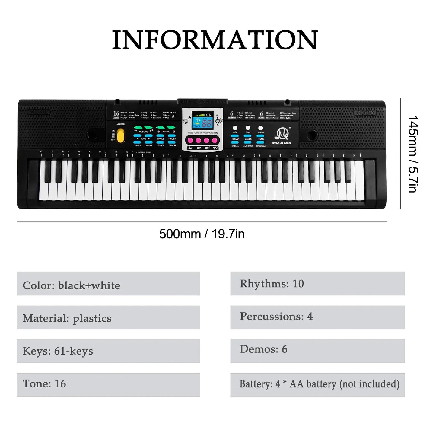 Black plastic 61 keys multifunctional electric piano with white accents and microphone musical instrument for kids