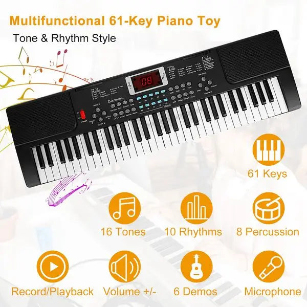 Black multifunctional piano instrument kids keyboard with 61 keys digital music display and control buttons