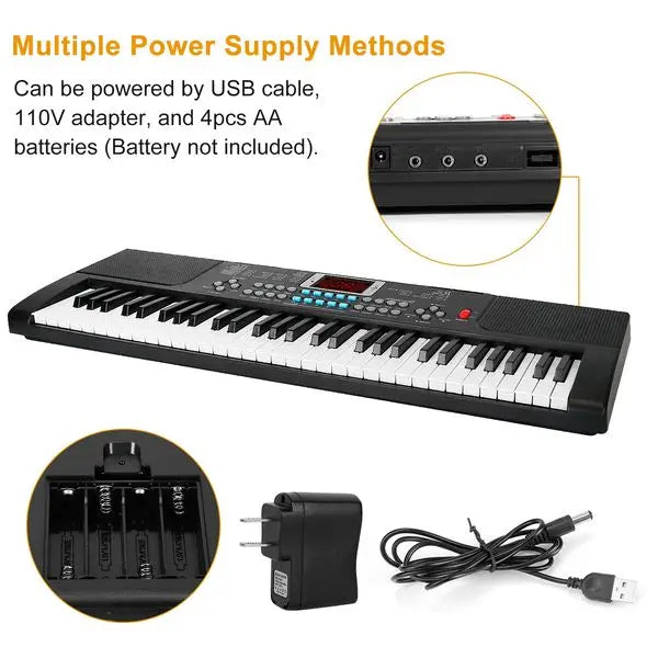 Black 61 keys digital music electronic keyboard with white keys, digital display, and ports for usb, adapter, or batteries