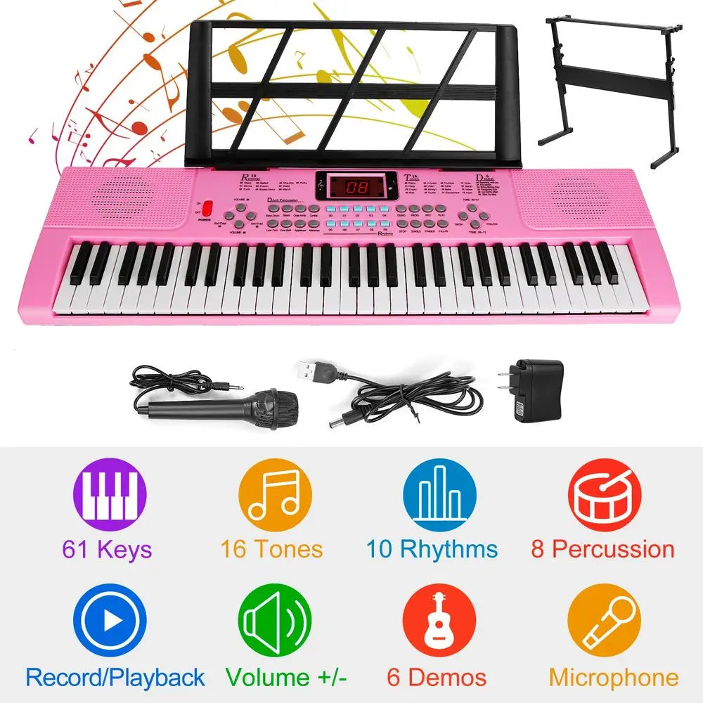 Pink 61 keys digital music electronic keyboard with black and white keys includes music stand microphone usb cable and power adapter