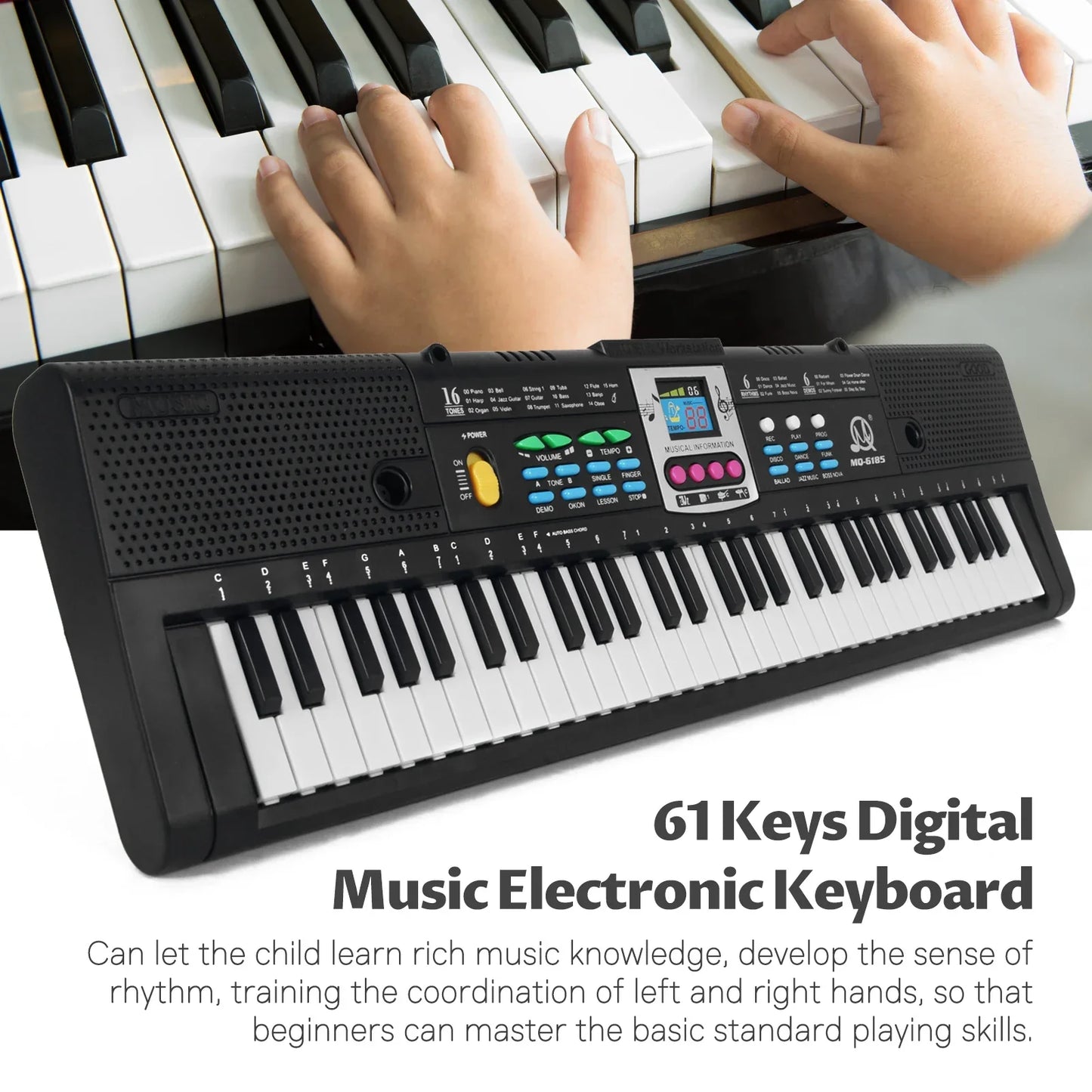 Black 61-key multifunctional electric piano with colorful function buttons and display screen for electronic keyboard kids