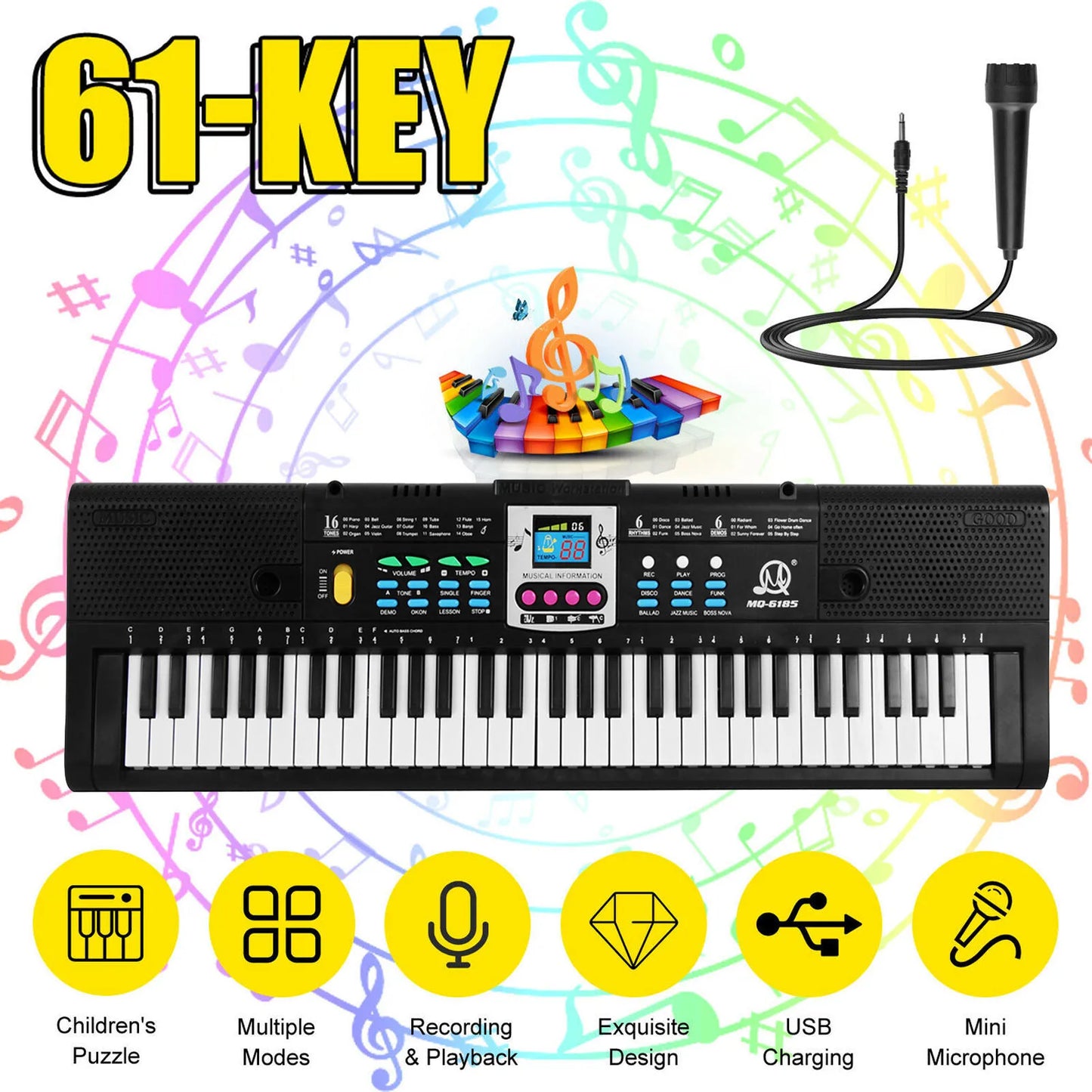 Black 61-key multifunctional electric piano with colorful control panel and digital display for electronic keyboard kids