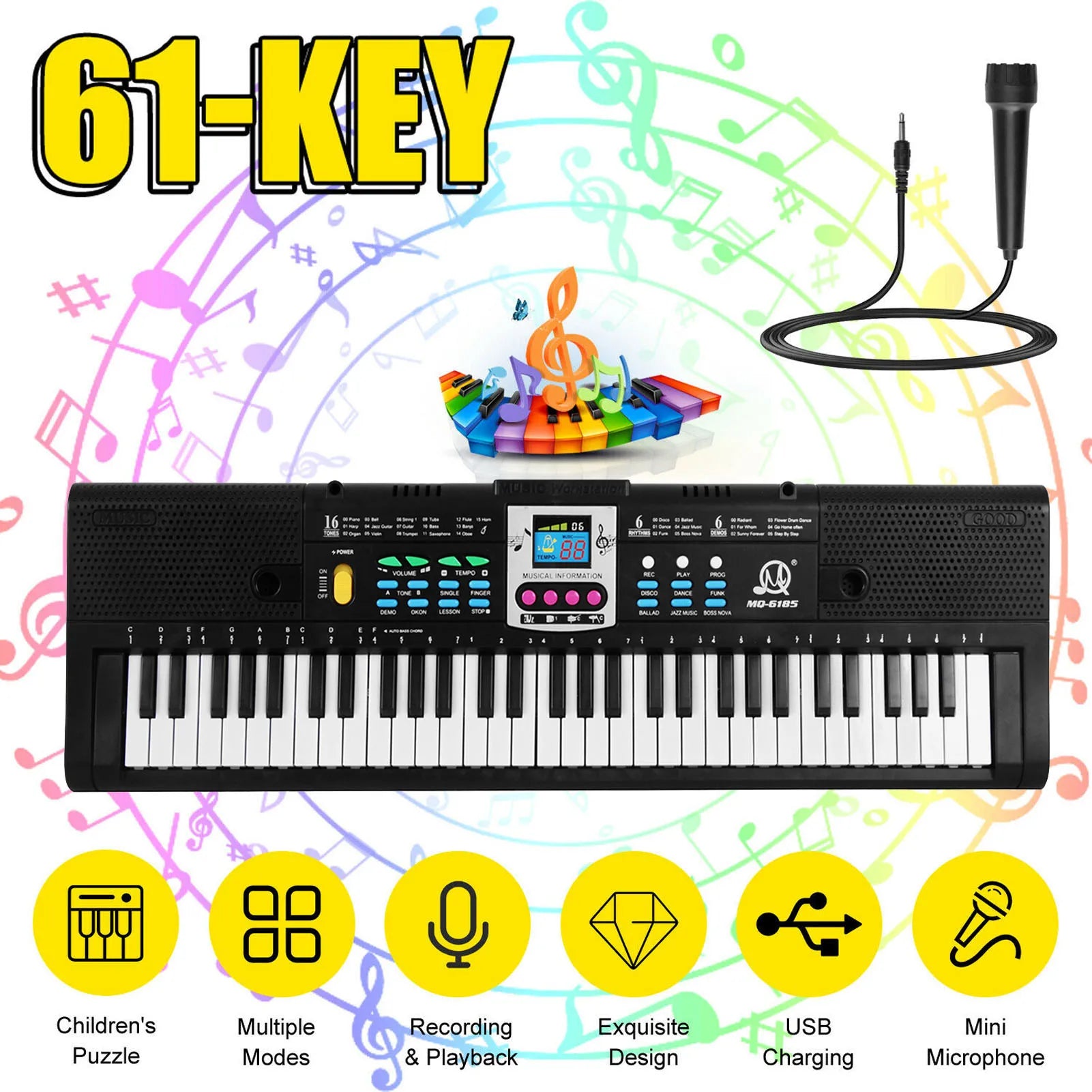 Black 61-key multifunctional electric piano with colorful control panel and digital display for electronic keyboard kids