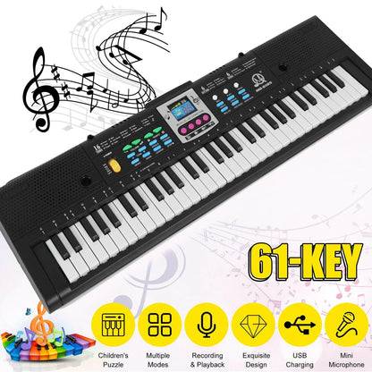 Black 61-key multifunctional electric piano with colorful buttons usb port and microphone for electronic keyboard kids
