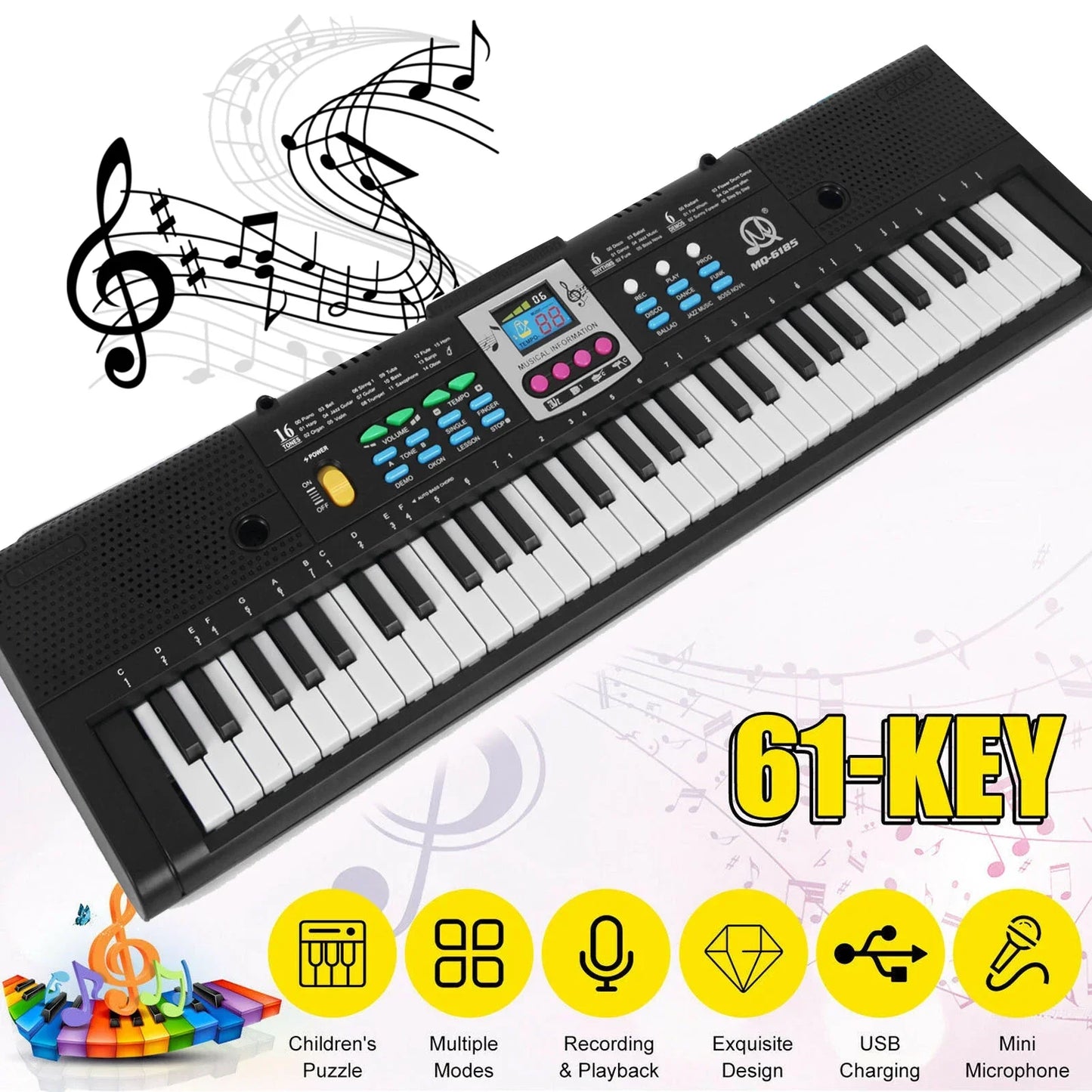 Black 61-key multifunctional electric piano with colorful buttons digital display usb port and microphone for kids