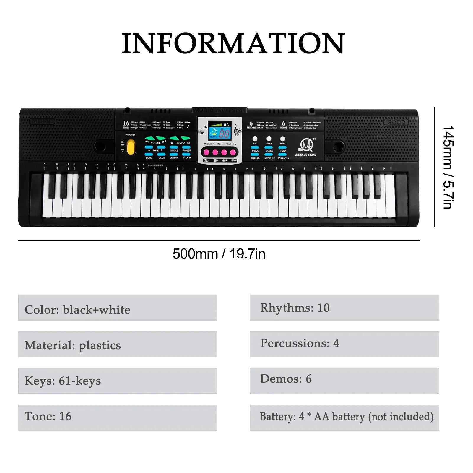 Black plastic 61 keys electric piano with white key accents multifunctional electronic keyboard kids 2024 model