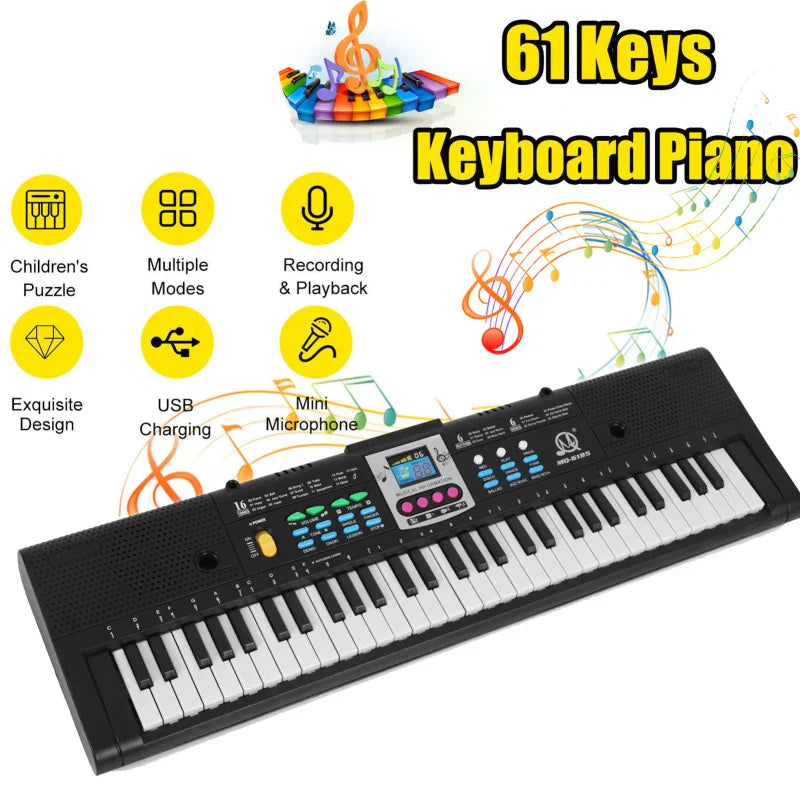 Black 61-key multifunctional electric piano with colorful buttons usb port and microphone for electronic keyboard kids