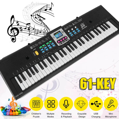 Black 61-key multifunctional electric piano for kids with colorful buttons, digital display, usb port, and microphone function