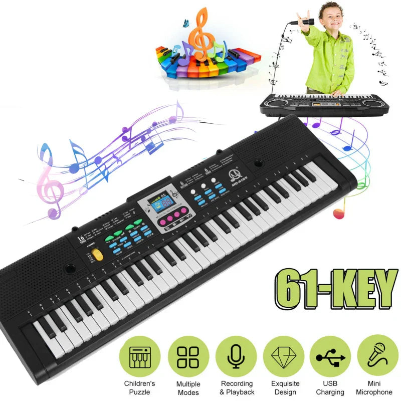 Black 61-key multifunctional electric piano with colorful buttons usb port and small screen for electronic keyboard kids