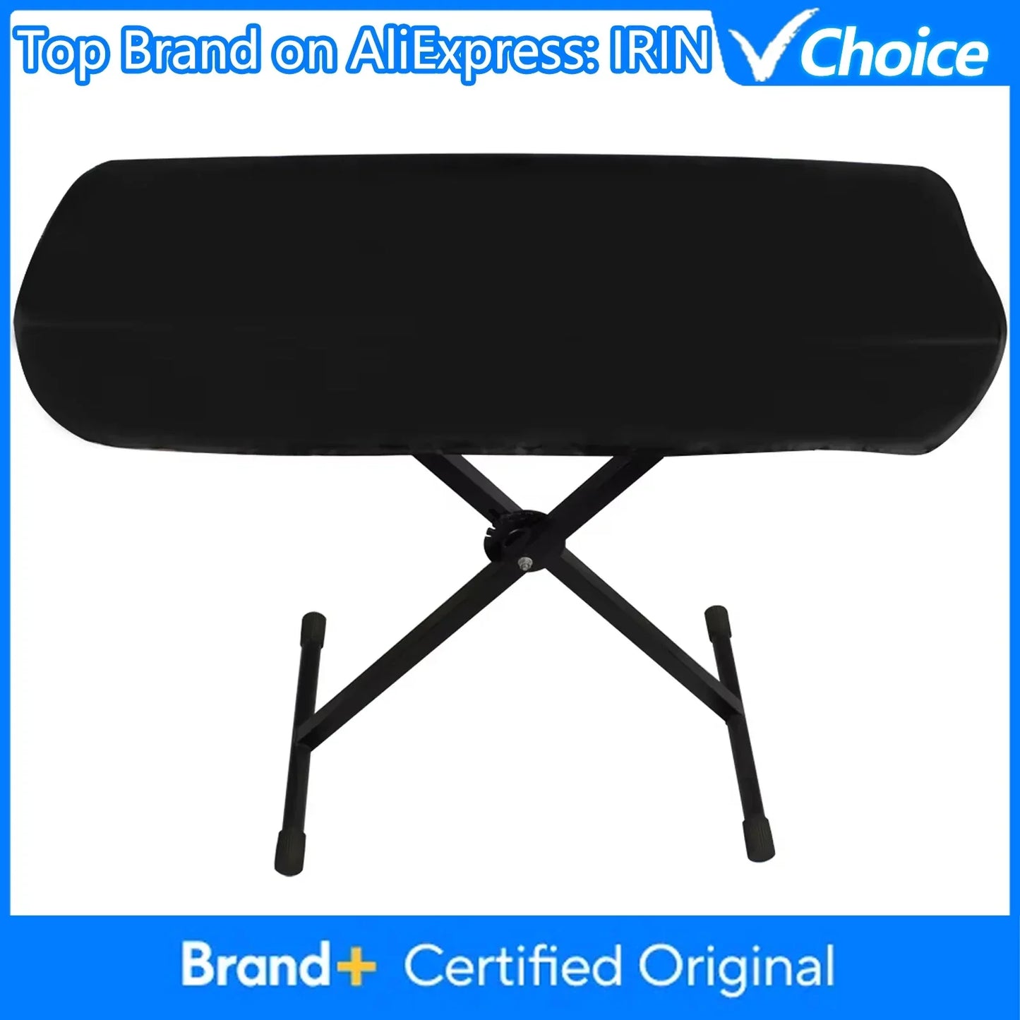 Black ironing board with smooth padded surface and sturdy x-shaped metal legs shown with dustproof canvas foldable digital piano cover waterproof instrument accessories