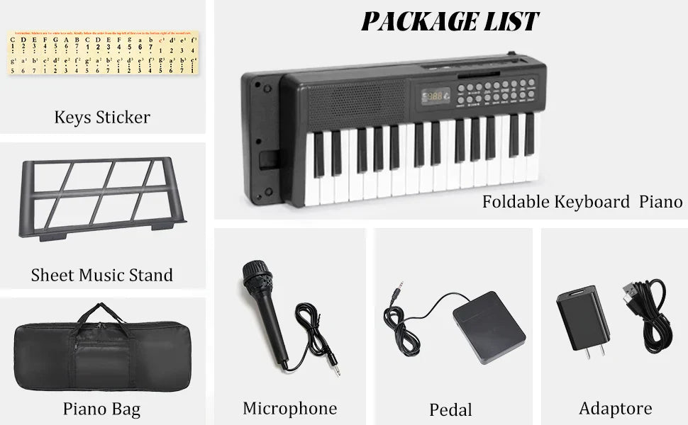 Black folding electronic keyboard piano with 61 keys, digital display, and control buttons keys portable keyboard