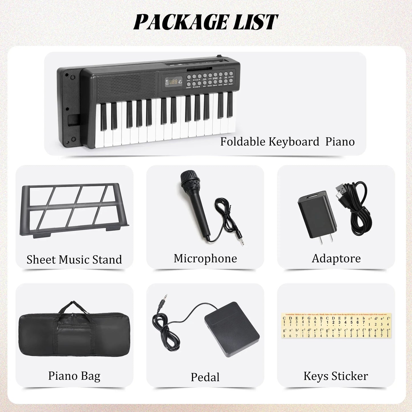 Black folding electronic keyboard piano with 61 keys featuring white and black keys for portable use