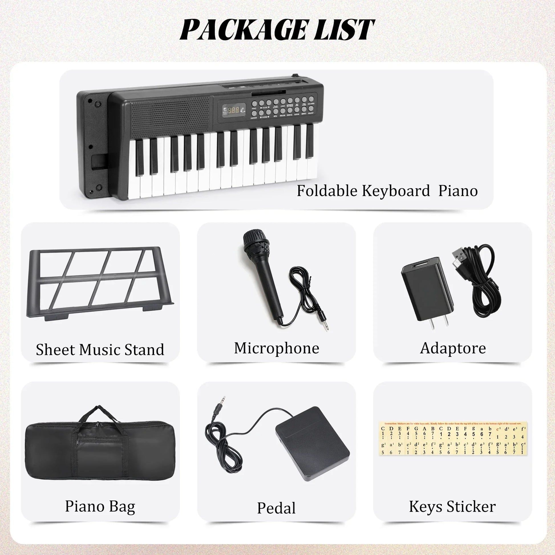 Black folding electronic keyboard piano with 61 keys featuring white and black keys for portable use