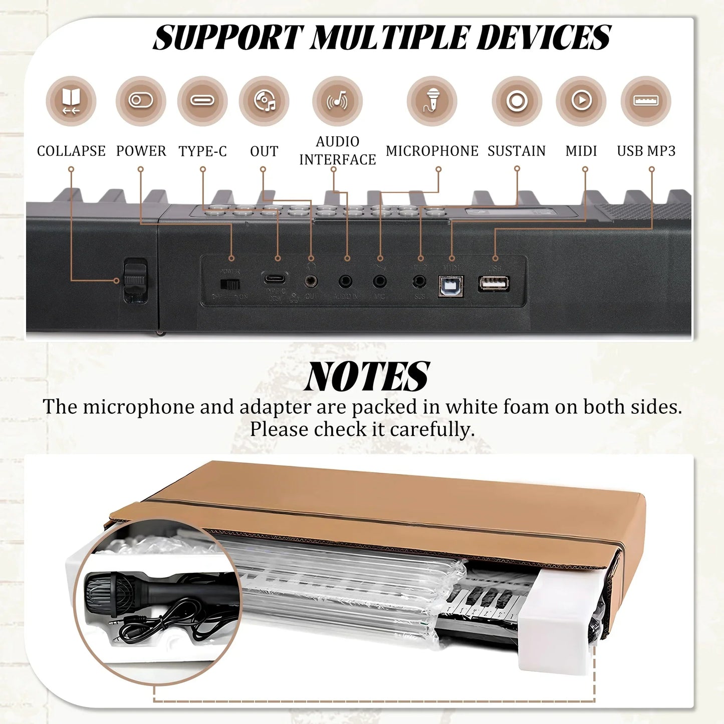 Black folding electronic keyboard piano with 61 keys and multiple connectivity ports for portable use
