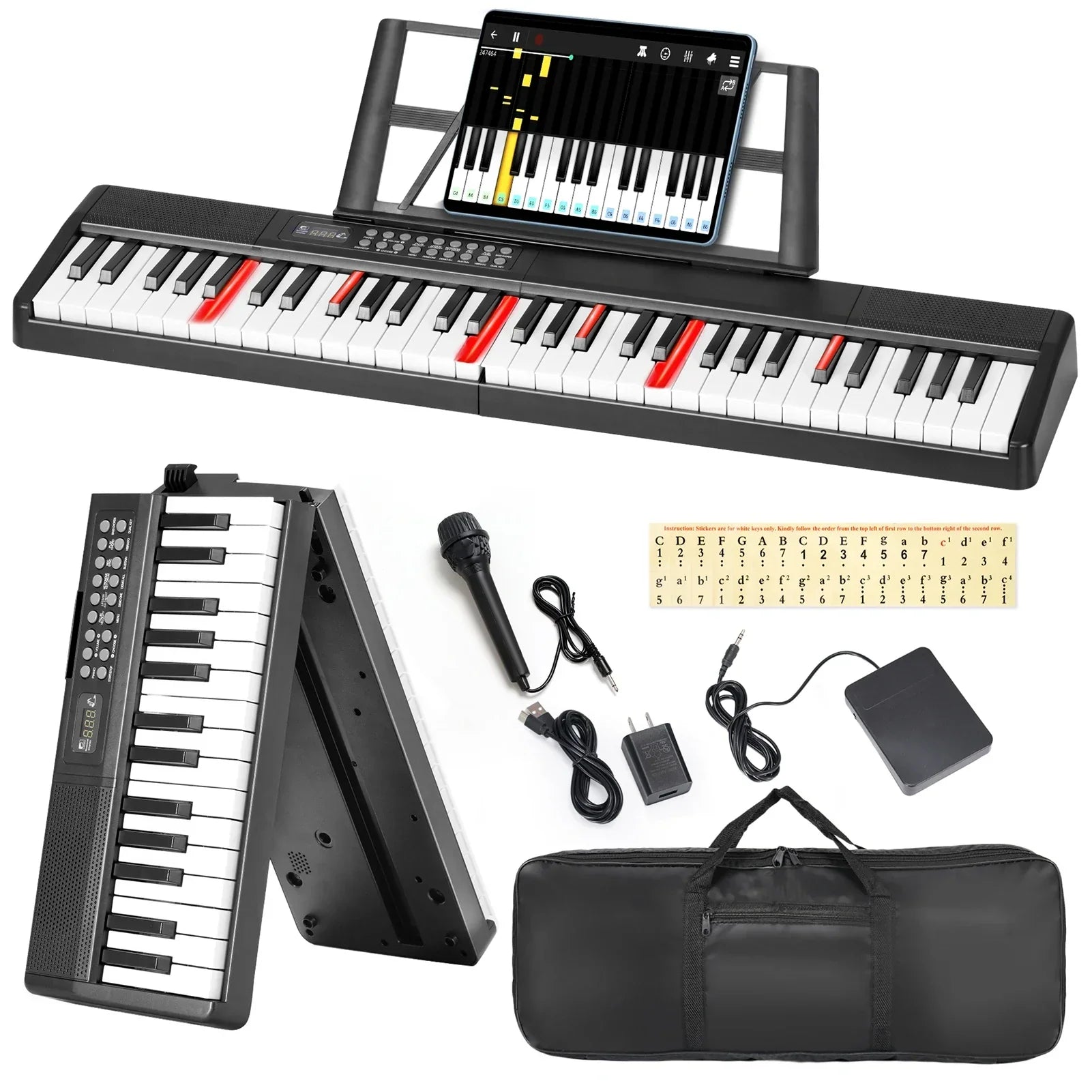 Black 61 keys portable folding electronic keyboard piano with red-highlighted keys and tablet stand for music learning