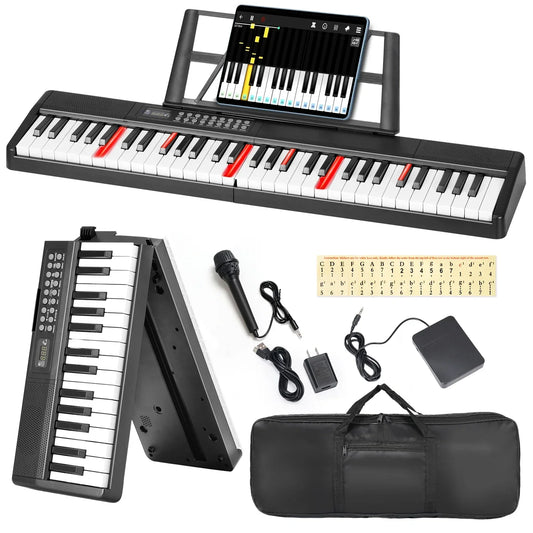Black 61 keys portable folding electronic keyboard piano with red-highlighted keys and tablet stand for music learning