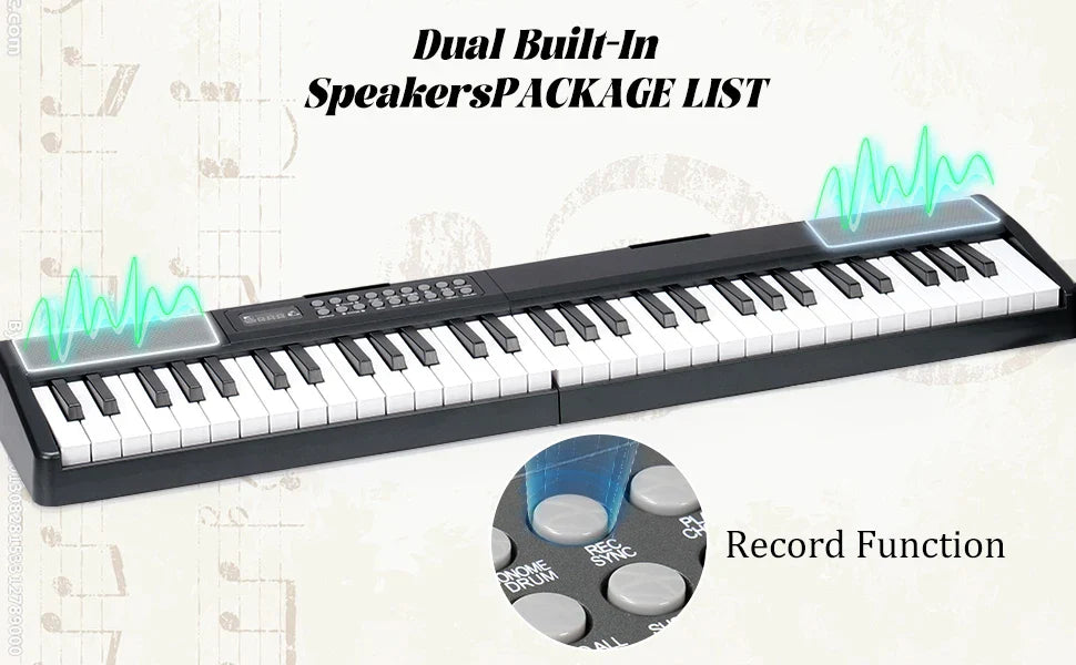 Black 61 keys portable keyboard piano with folding design, dual speakers, and control panel for recording functions