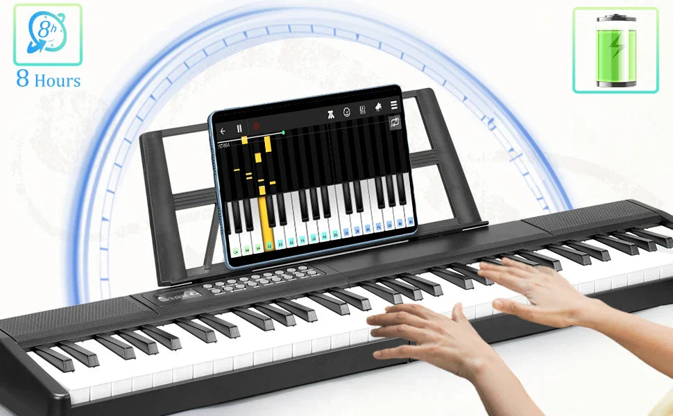 Black and white 61-key folding electronic keyboard piano with tablet stand displaying music app interface
