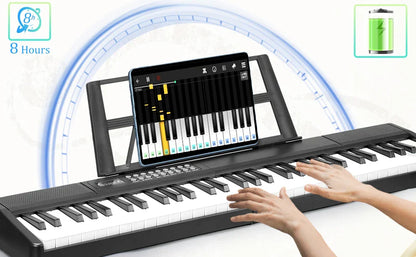 Black and white 61-key folding electronic keyboard piano with tablet stand displaying music app interface