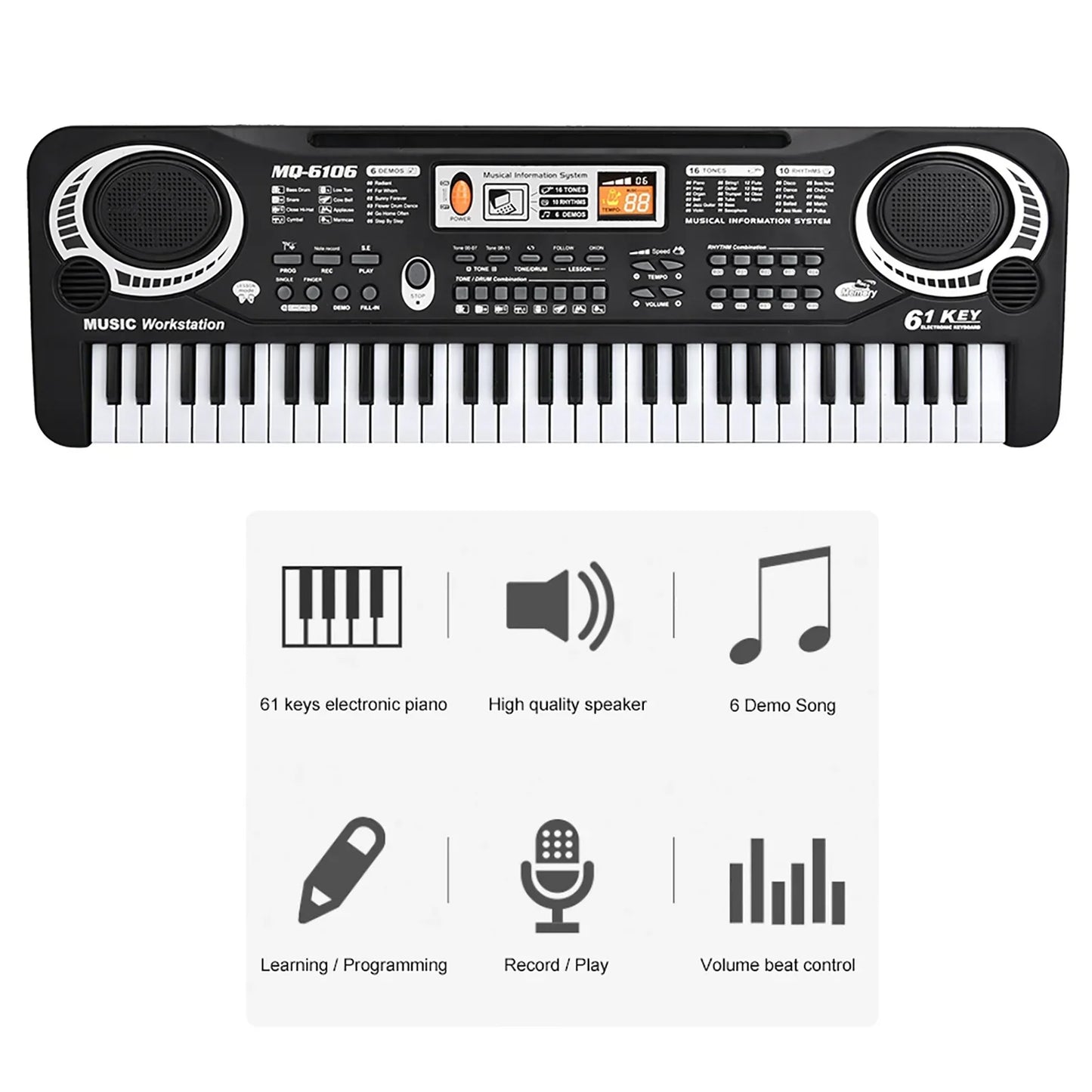 Black 61-key digital key board piano with built-in speakers and microphone for musical instruments kids use
