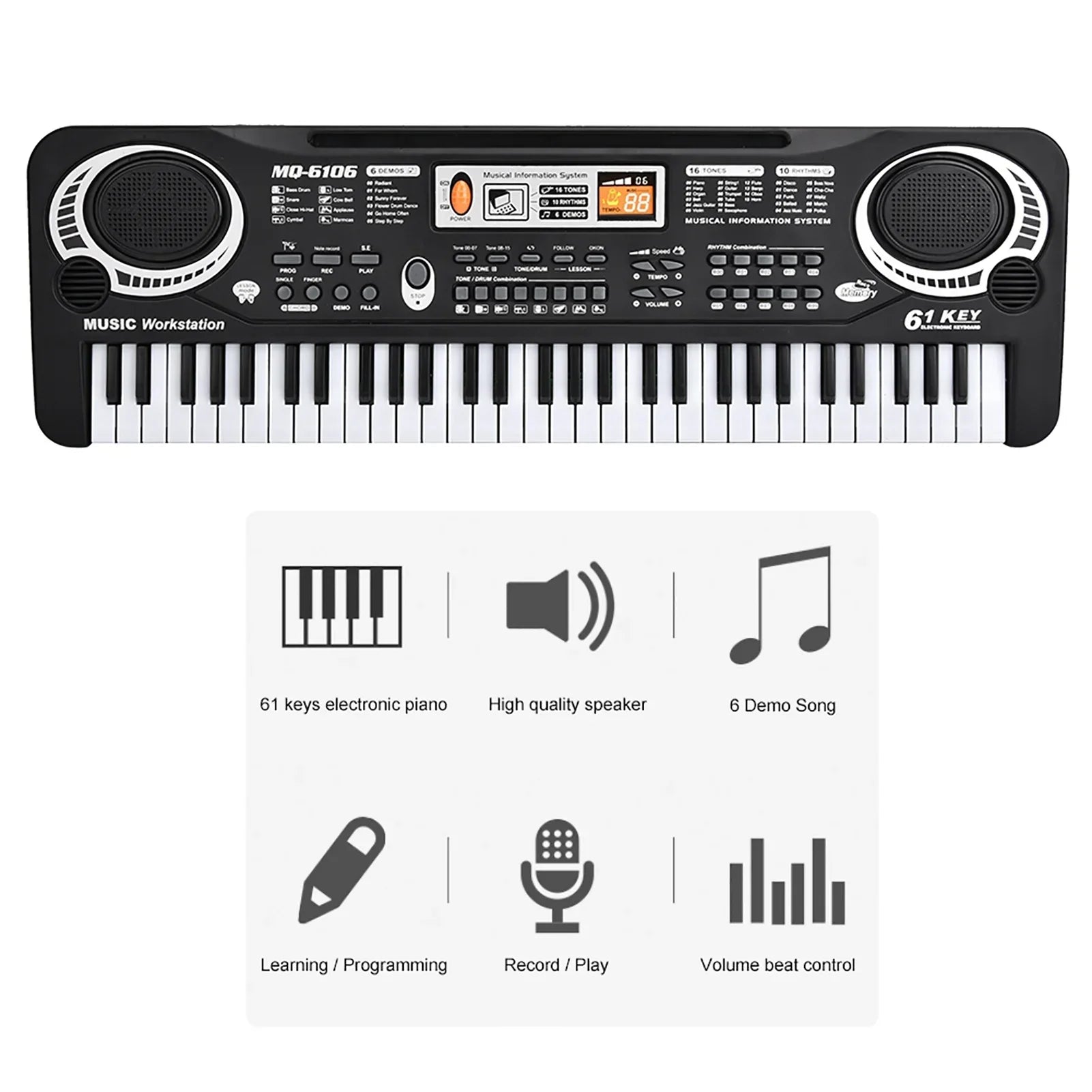 Black 61-key digital key board piano with built-in speakers and microphone for musical instruments kids use