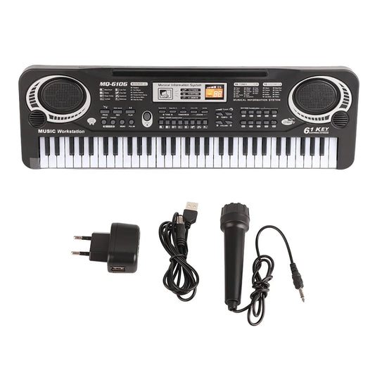 Black plastic 61-key digital key board piano with built-in speakers and microphone for musical instruments kids use