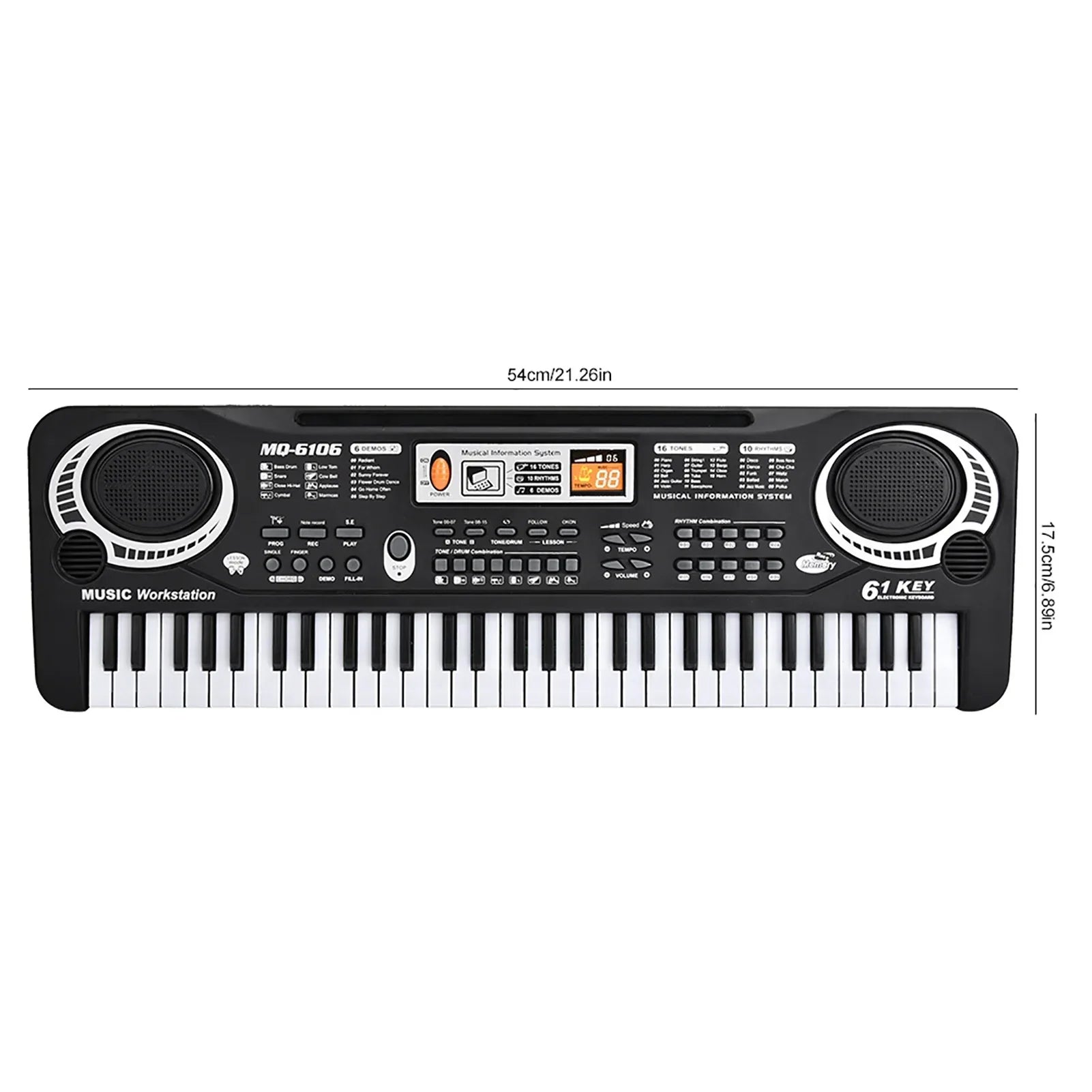 Black and white 61-key digital key board piano with built-in speakers and control panel for musical instruments kids use