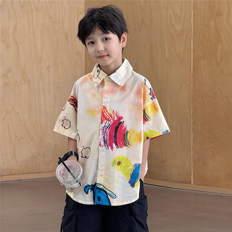 Hiphop Fashion Style Kids Boy Hip Hop Shirt with Drawings Baby Child Hiphop Rapper Dance Clothes Y2K Streetwear Clothes Tops